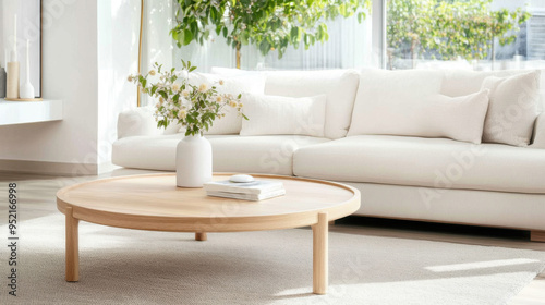 Modern living room with white sofa and wooden coffee table.