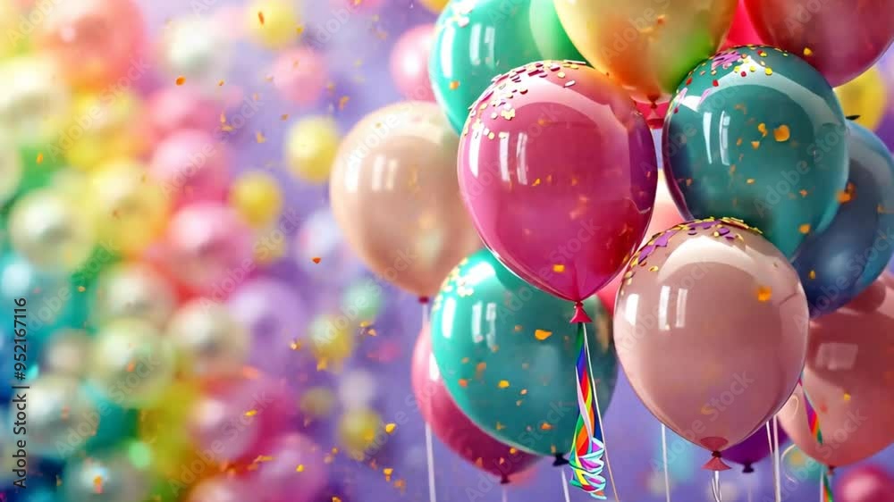 A bunch of colorful balloons are floating in the air. The balloons are ...