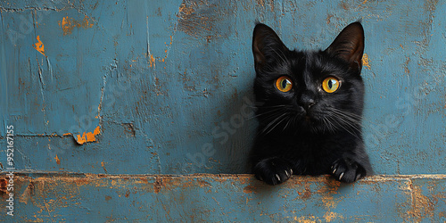 A cute and agile black cat against a vibrant blue background, perfect for pet-related content, Halloween themes, or superstitious symbolism.