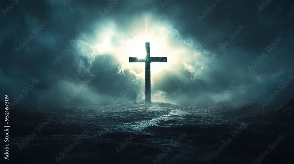 Dramatic image showing a religious church cross framed against a moody sky that is beginning to open and pierce light through behind the cross, showing the Lord's presence. generative ai Dramatic image showing a religious church cross framed against a moody sky that is beginning to open and pierce light through behind the cross, showing the Lord's presence. generative ai