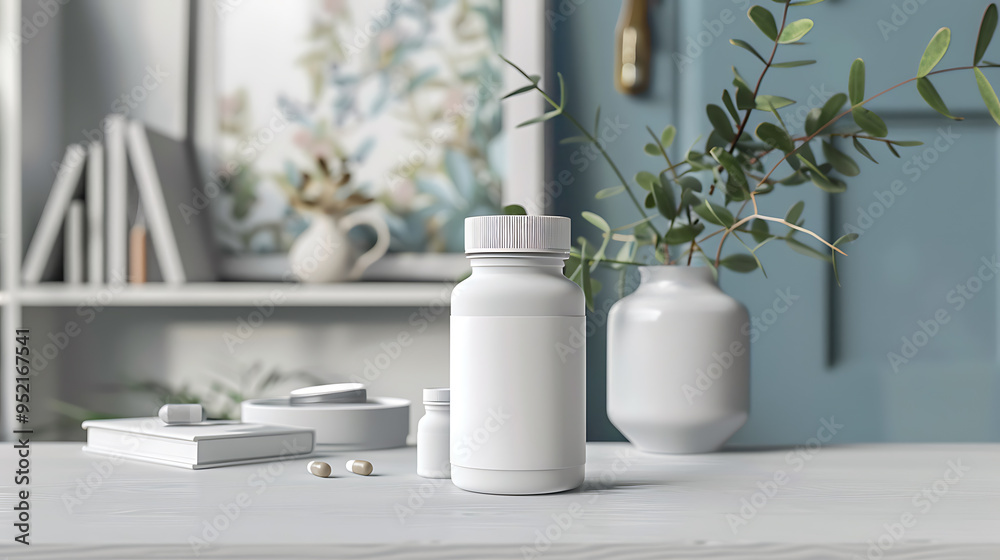A white pill bottle with a blank label sits on a white table with a vase of greenery behind it. A white pill bottle with a blank label sits on a white table with a vase of greenery behind it.