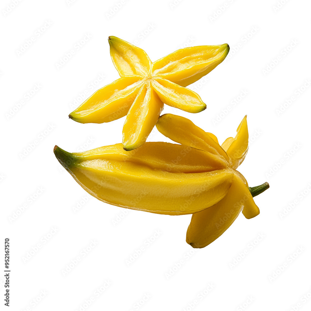 Bright yellow starfruit and carambola halves on a white background, transparent Bright yellow starfruit and carambola halves on a white background, transparent