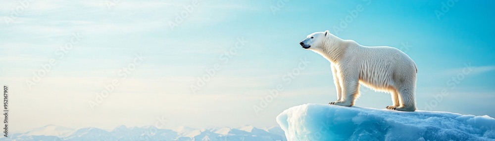 Fototapeta premium A majestic polar bear stands on an ice floe, gazing into the vast icy landscape under a clear blue sky.