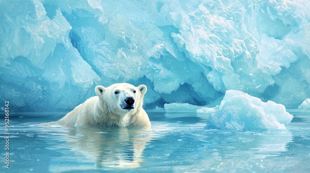 Naklejka premium A majestic polar bear swimming in icy blue waters, surrounded by stunning glaciers, showcasing the beauty of the Arctic environment.