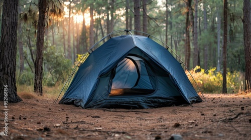 Camping Tent in Forest with Sunlight