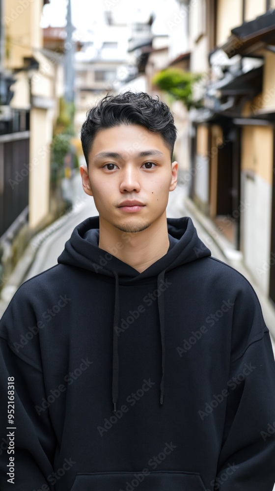 Obraz premium A young Asian man poses in a black hoodie within a vibrant urban alleyway