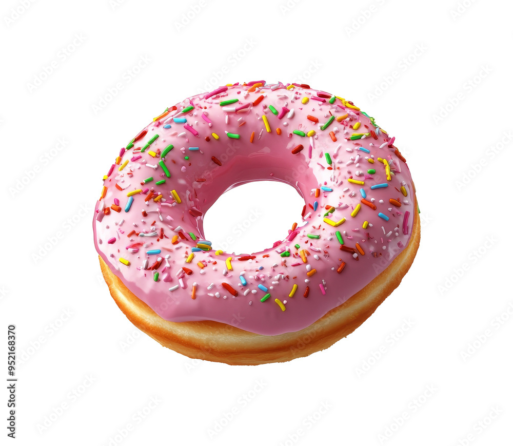 Delicious pink frosted donut with colorful sprinkles on display, transparent Delicious pink frosted donut with colorful sprinkles on display, transparent