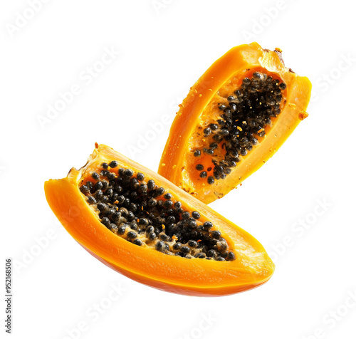 Fresh papaya halves showcasing vibrant orange flesh and seeds, transparent photo