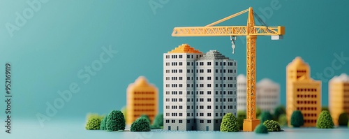 A miniature cityscape showcasing a construction site with a crane and buildings, symbolizing urban development and growth.