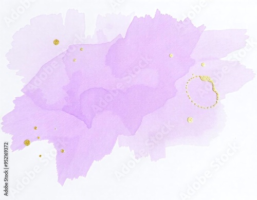 The image shows a watercolor-like design with soft shades of purple and pink. There are a few small gold accents or splatters that add an elegant touch to the abstract composition.