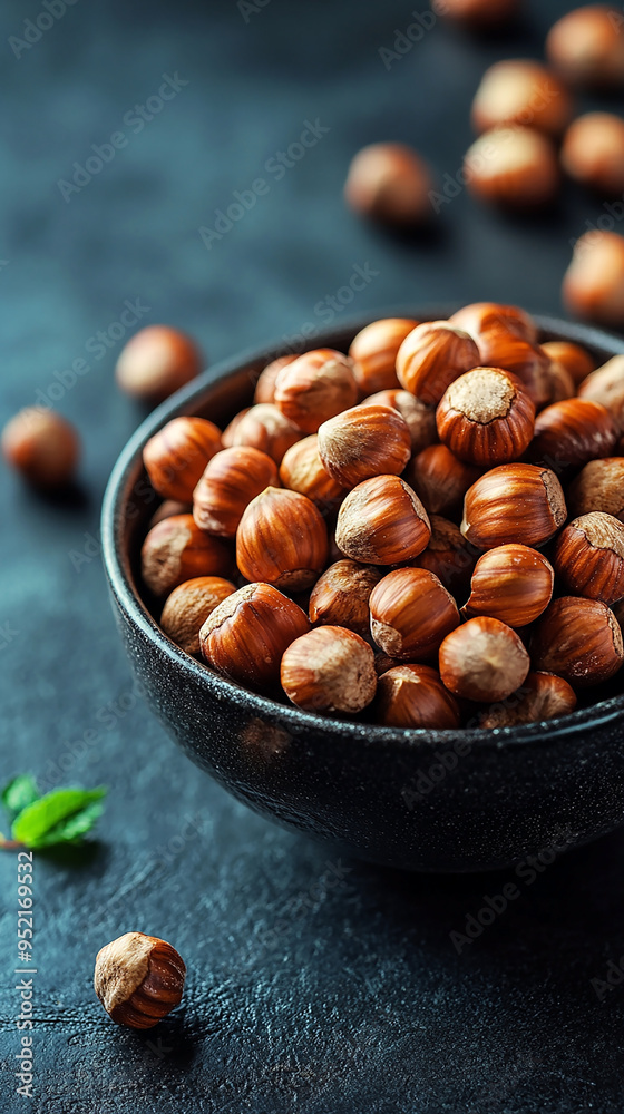 macro closeup flat lay food background photo of a bowl full of hazelnuts on a wooden table with some nuts spread on the tabletop and blank text space at side macro closeup flat lay food background photo of a bowl full of hazelnuts on a wooden table with some nuts spread on the tabletop and blank text space at side