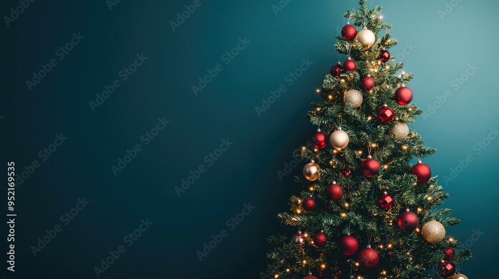 A tall Christmas tree sparkling with lights and ornaments, with a clean, uncluttered background that provides generous copy space A tall Christmas tree sparkling with lights and ornaments, with a clean, uncluttered background that provides generous copy space