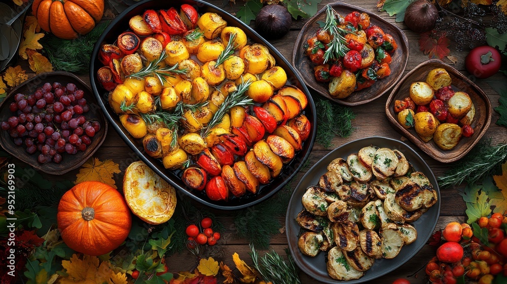 Fototapeta premium Autumn feast with roasted vegetables and seasonal fruits, colorful dishes surrounded by fall leaves, creating a warm and festive atmosphere.