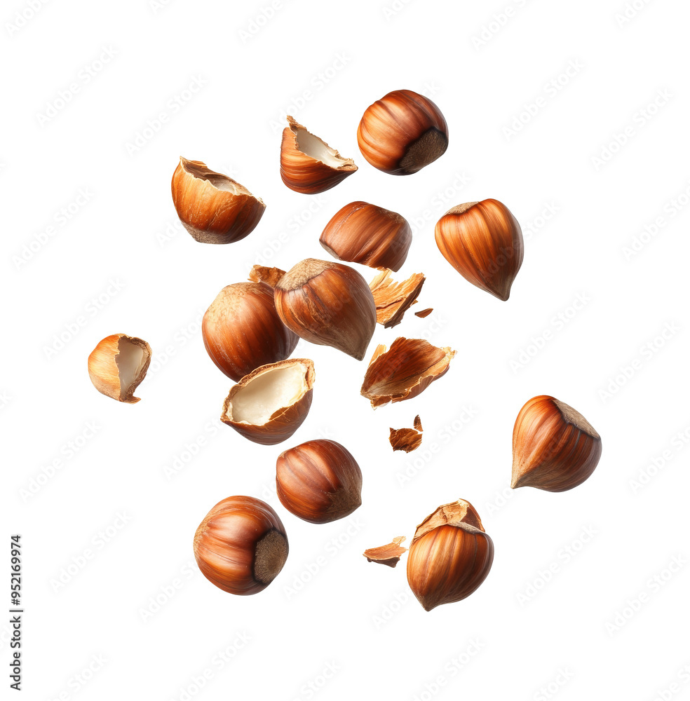 Hazelnuts scattered on a white background showcasing their textures, transparent Hazelnuts scattered on a white background showcasing their textures, transparent
