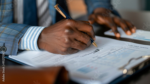 Close-up of a manâs hand signing a document with a pen, with a briefcase and paperwork spread out on the desk. photo