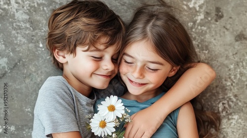 Smiling Brother and Sister Embrace, Holding a Bouquet of Daisies, Capturing the Joy and Affection of Childhood Sibling Bonds