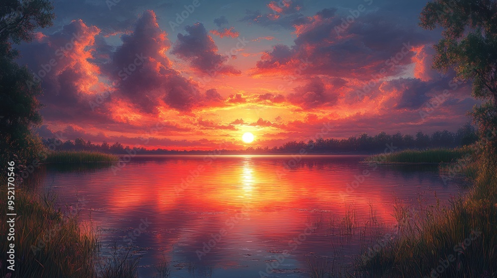 Obraz premium Sunset over a tranquil lake