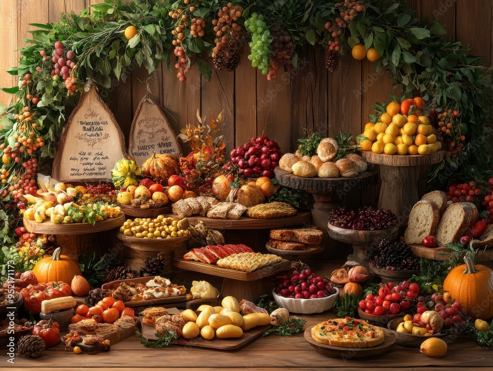 A bountiful autumn harvest display featuring an array of seasonal fruits, vegetables, and baked goods set against a rustic wooden backdrop.