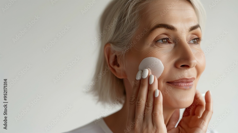 Image of an elderly woman using facial cream on a white background. Image of an elderly woman using facial cream on a white background.