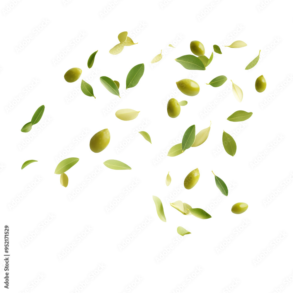 Green leaves gently falling against a white background in autumn, transparent Green leaves gently falling against a white background in autumn, transparent