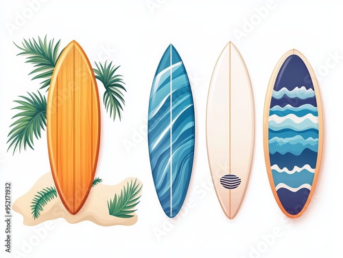 A vibrant illustration of surfboards and palm leaves, perfect for summer themes, beach designs, and surfing-related graphics. photo