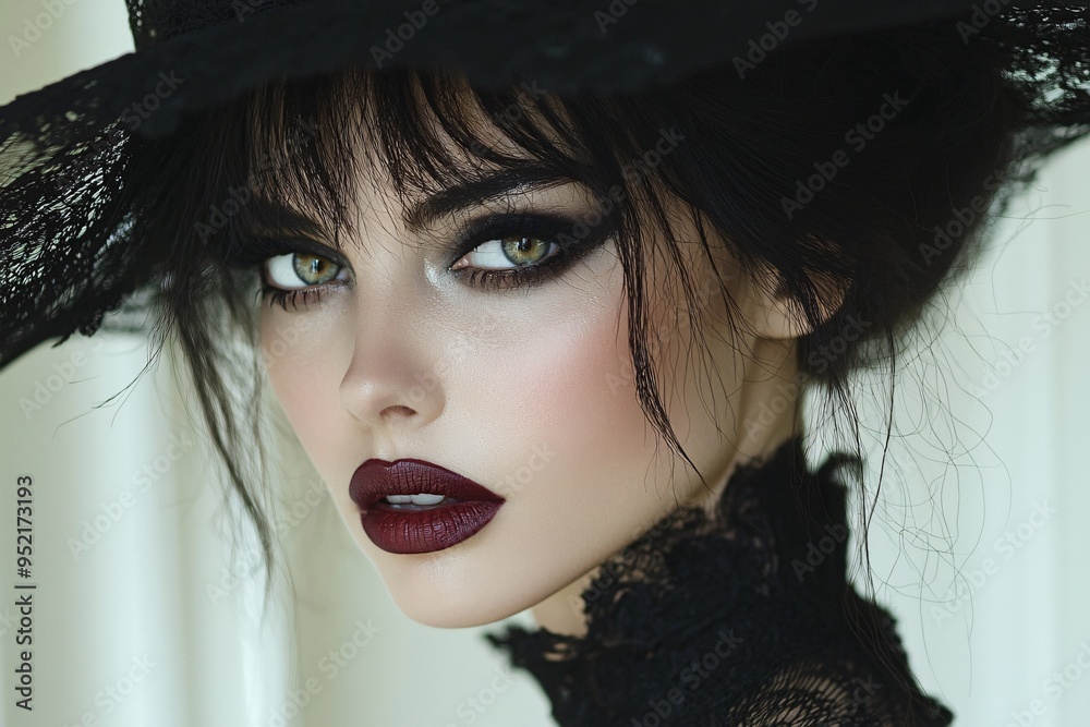 A fashion portrait of a gothic vampire queen, showcasing dark makeup and an elegant hat, perfect for Halloween; ideal for themed events, parties, and promotional designs with copy space. A fashion portrait of a gothic vampire queen, showcasing dark makeup and an elegant hat, perfect for Halloween; ideal for themed events, parties, and promotional designs with copy space.