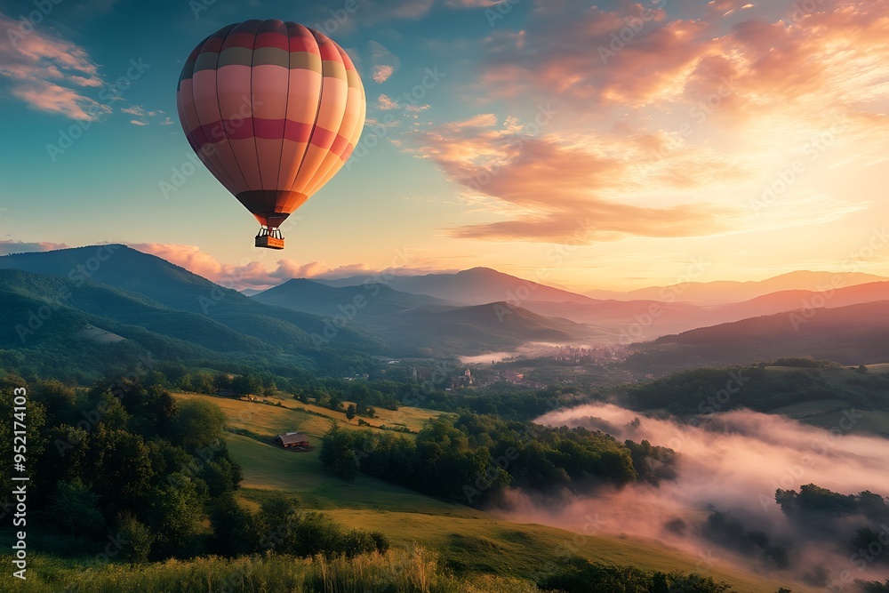 Fototapeta premium Beautiful green mountain with hot air balloon flying in the sky.