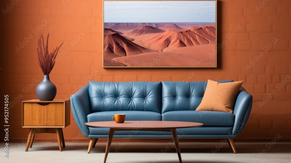 Obraz premium Blue sofa and terra cotta lounge chair