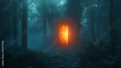 Glowing Halloween portal in dark, foggy forest 