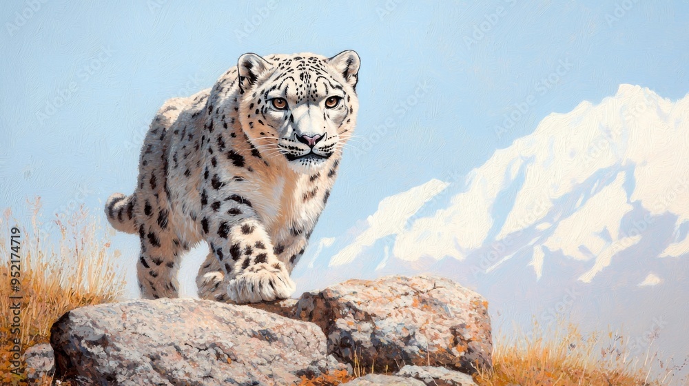 Fototapeta premium A majestic snow leopard walking confidently over rocky terrain, with snow-capped mountains in the background, showcasing nature's beauty.