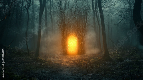 Spooky Halloween night with glowing portal in foggy woods 