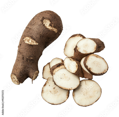 Fresh yuca root and sliced pieces on a white background, transparent photo