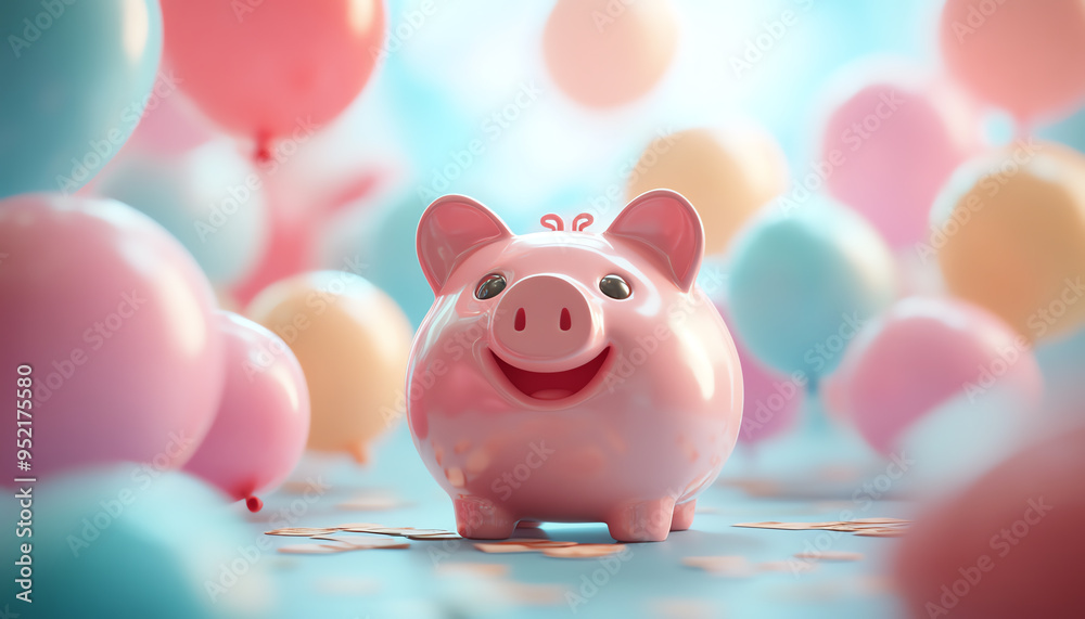 A smiling piggy bank surrounded by pastel-colored balloons, symbolizing savings, celebration, and financial joy against a soft blue background. A smiling piggy bank surrounded by pastel-colored balloons, symbolizing savings, celebration, and financial joy against a soft blue background.