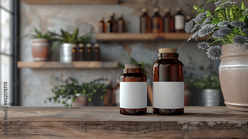 Two brown glass bottles with blank white labels sit on a rustic wooden countertop in a homey setting, with shelves of bottles and plants in the background. Two brown glass bottles with blank white labels sit on a rustic wooden countertop in a homey setting, with shelves of bottles and plants in the background.