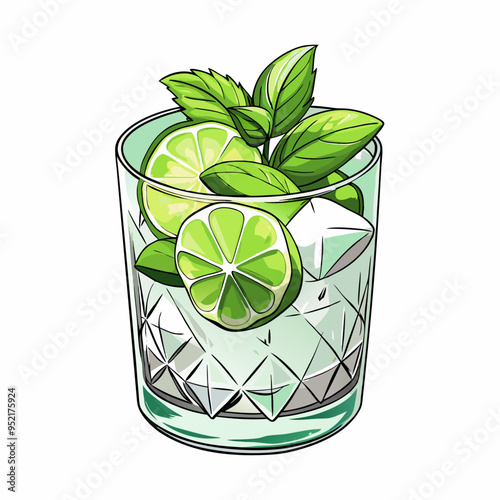 Hand drawn Mojito cocktail with ice mint and lime on a isolated white background (6)