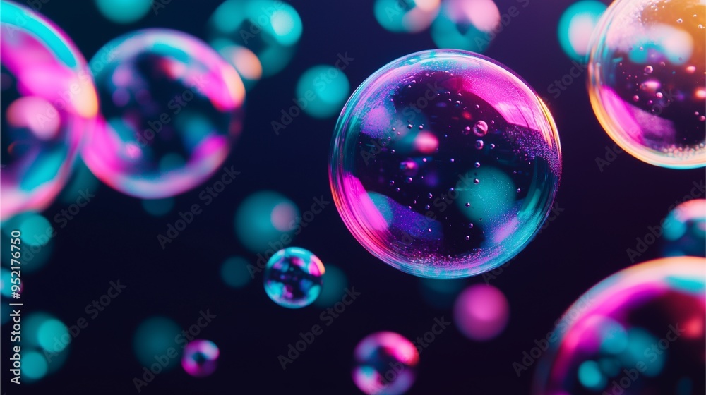 Radiant Glow Theme: Colorful Neon Soap Bubbles Floating Against Dark Background. Radiant Glow Theme: Colorful Neon Soap Bubbles Floating Against Dark Background.