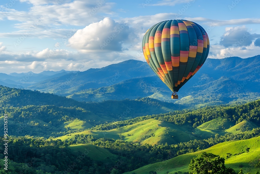 Fototapeta premium Beautiful green mountain with hot air balloon flying in the sky.