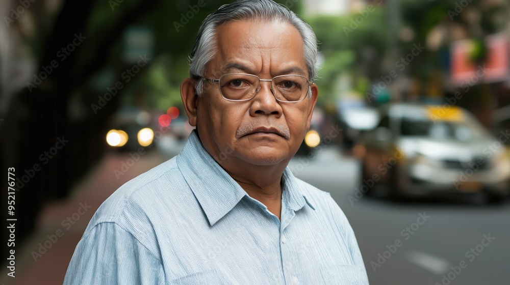 A middle-aged man stands confidently on a bustling street, lost in thought A middle-aged man stands confidently on a bustling street, lost in thought