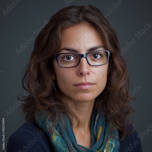 A woman with curly hair and glasses poses thoughtfully in a cozy environment