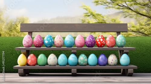 Colorful painted easter eggs on a wooden bench surrounded by green grass with transparent background, perfect for happy easter celebrations and seasonal templates

 photo