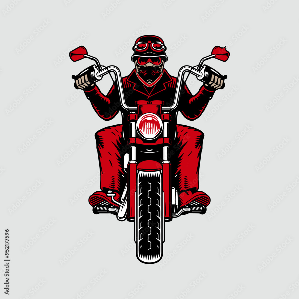 Fototapeta premium Vector of Bearded Man Biker Riding Cafe Racer Motorcycle Front View Angle