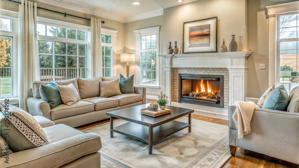 Fototapeta premium Cozy living room with beige sofas and fireplace, warm interior design with copy space