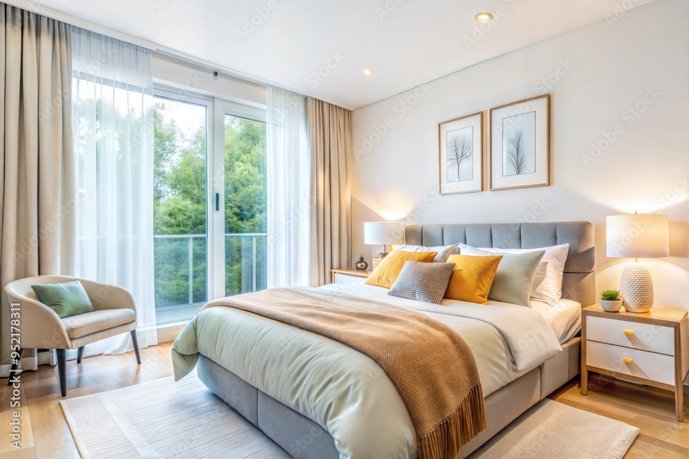 Bright modern bedroom with large windows and cozy bedding, serene home decor Bright modern bedroom with large windows and cozy bedding, serene home decor