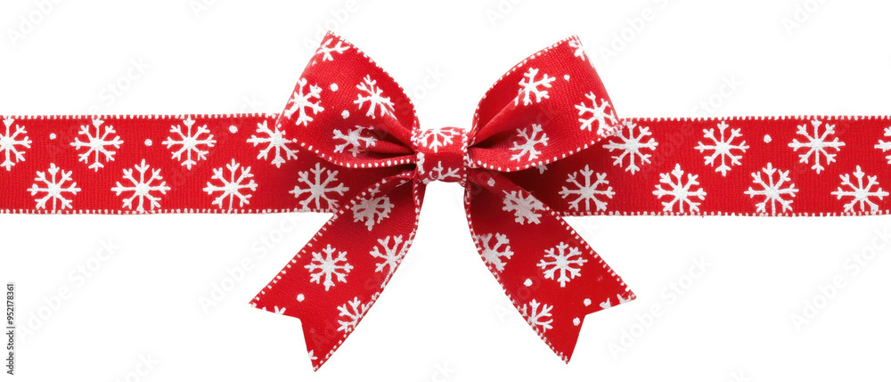 Festive red ribbon with snowflake patterns tied in a neat bow, perfect for holiday and Christmas decorations, gift wrapping, and seasonal design.