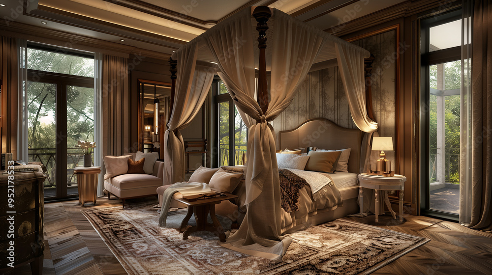 Luxurious bedroom interior design with a canopy bed, plush rug, and elegant decoration Luxurious bedroom interior design with a canopy bed, plush rug, and elegant decoration