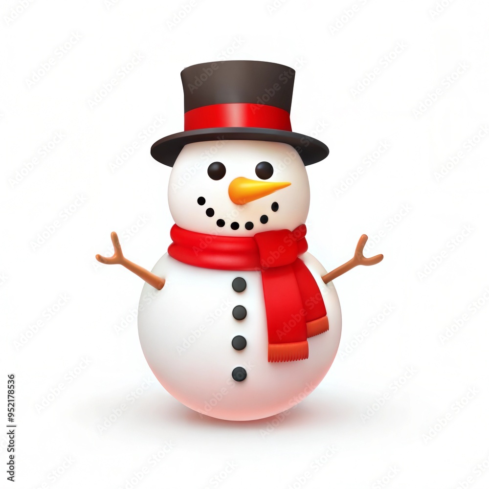 Title: Cheerful Snowman with Red Scarf and Black Top Hat on White Background Title: Cheerful Snowman with Red Scarf and Black Top Hat on White Background