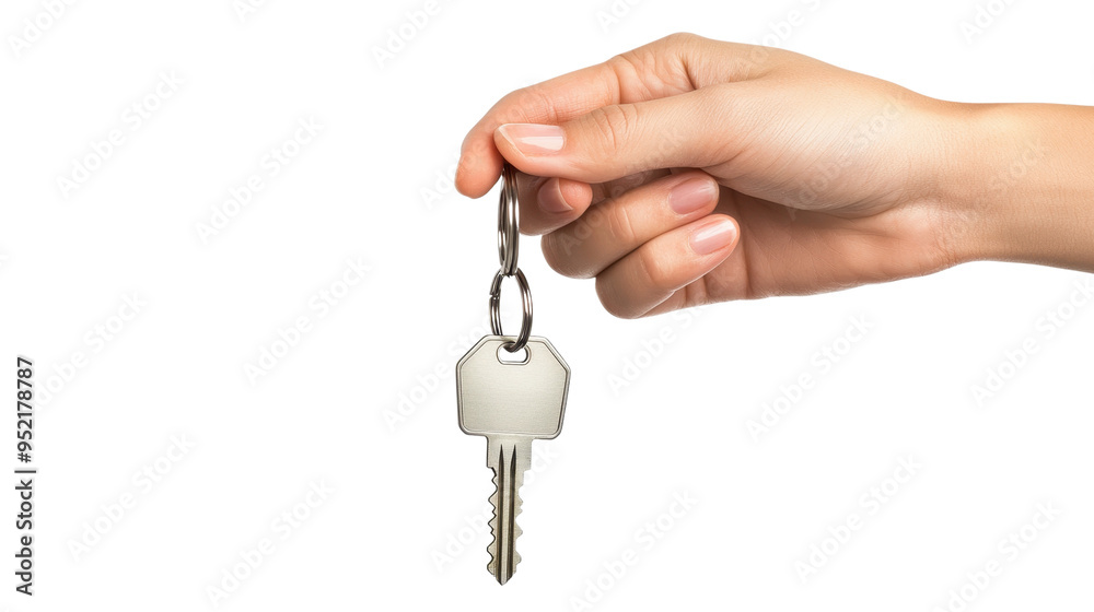 Hand holding a key with a white keychain, isolated on white background. Perfect for real estate or security related concepts. Hand holding a key with a white keychain, isolated on white background. Perfect for real estate or security related concepts.