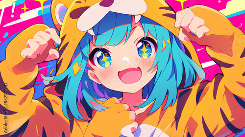 cute tiger character wearing anime onesie costume, anime style, cute kawaii, simple, smiling happy. neon psychedelic background