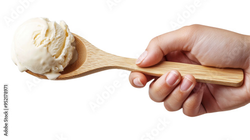 Hand holding a wooden spoon with a scoop of vanilla ice cream cut out transparent isolated PNG