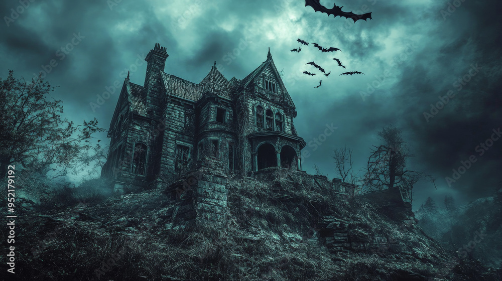 Eerie haunted house on a hilltop with bats for Halloween
Eerie haunted house on a hilltop with bats for Halloween